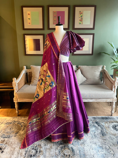 Wine Cotton Paithani with Muniya Border and Peacock Pallu