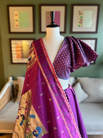 Wine Cotton Paithani with Muniya Border and Peacock Pallu