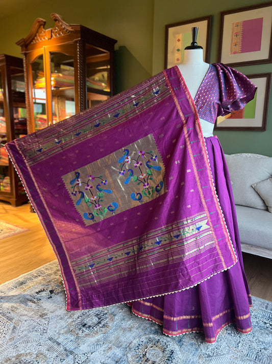 Wine Cotton Paithani with Muniya Border and Peacock Pallu