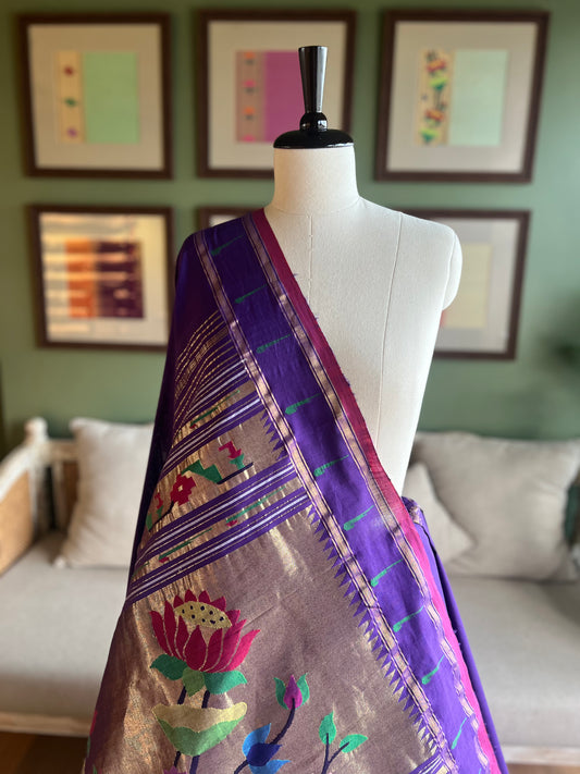 Purple Cotton Paithani with Muniya Border and Lotus Pallu