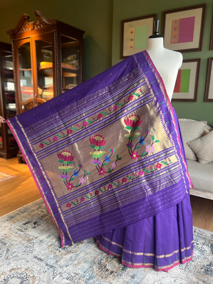 Purple Cotton Paithani with Muniya Border and Lotus Pallu
