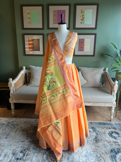Light Orange Cotton Paithani with Muniya Border and Lotus Pallu