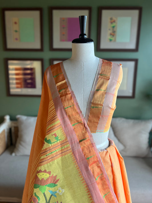Light Orange Cotton Paithani with Muniya Border and Lotus Pallu