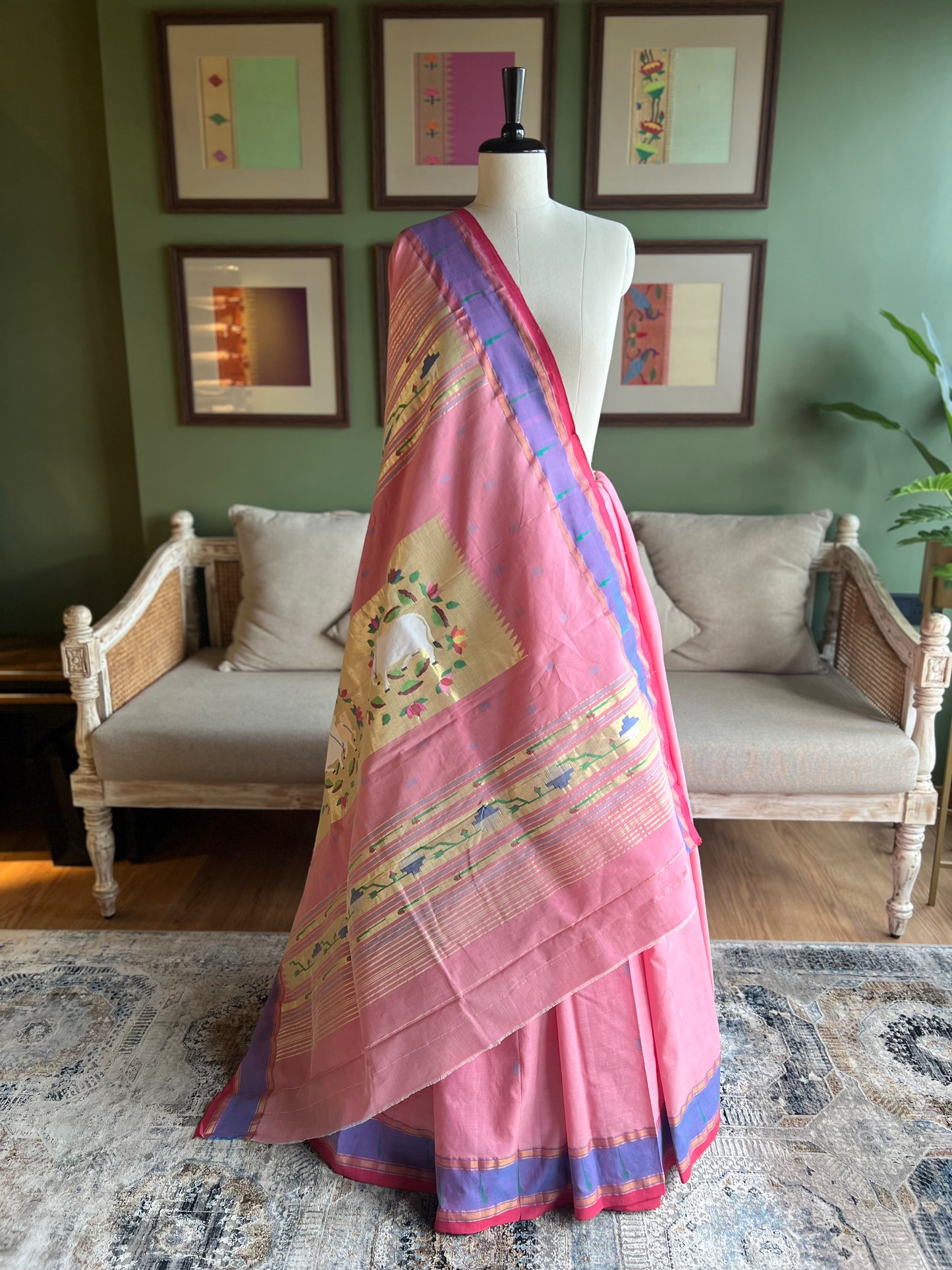 Pink Cotton Paithani with Muniya Border and Pichwai Pallu