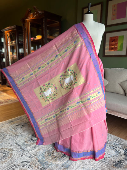 Pink Cotton Paithani with Muniya Border and Pichwai Pallu
