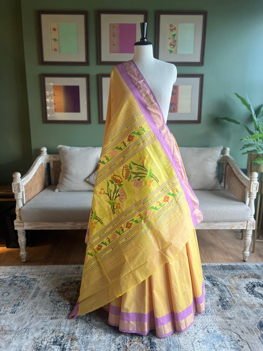 Yellow Cotton Paithani with Pink Border and Lotus Pallu