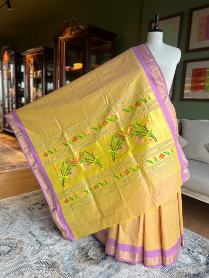 Yellow Cotton Paithani with Pink Border and Lotus Pallu