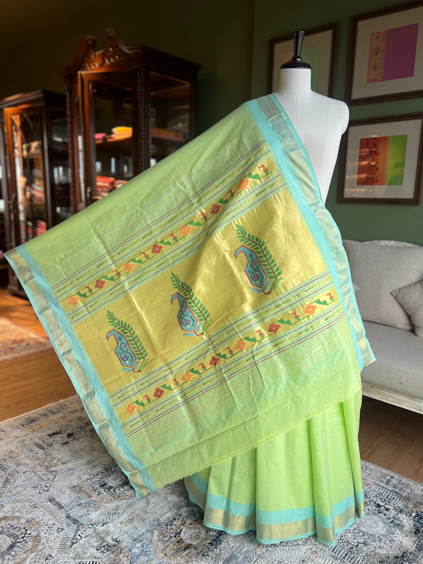 Mint Green Cotton Paithani with Paisley Pallu