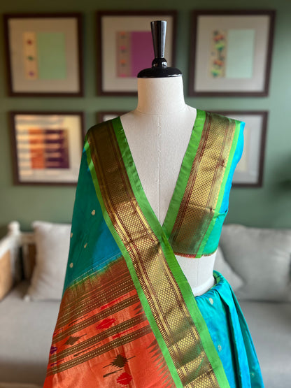 Peacock Blue Paithani with Green Border and Classic Pallu