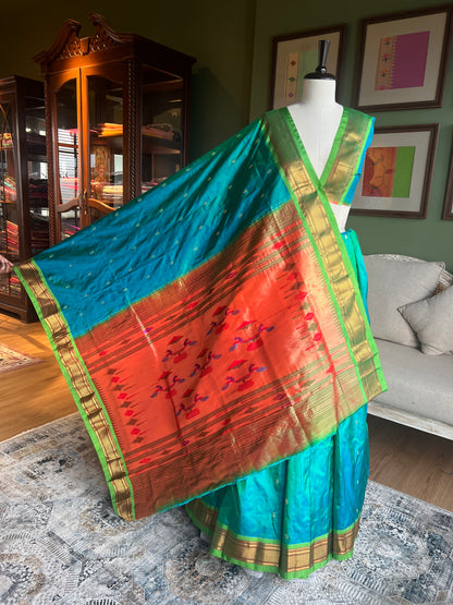 Peacock Blue Paithani with Green Border and Classic Pallu