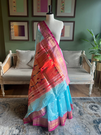Light Blue Paithani with Pink Border and Classic Pallu