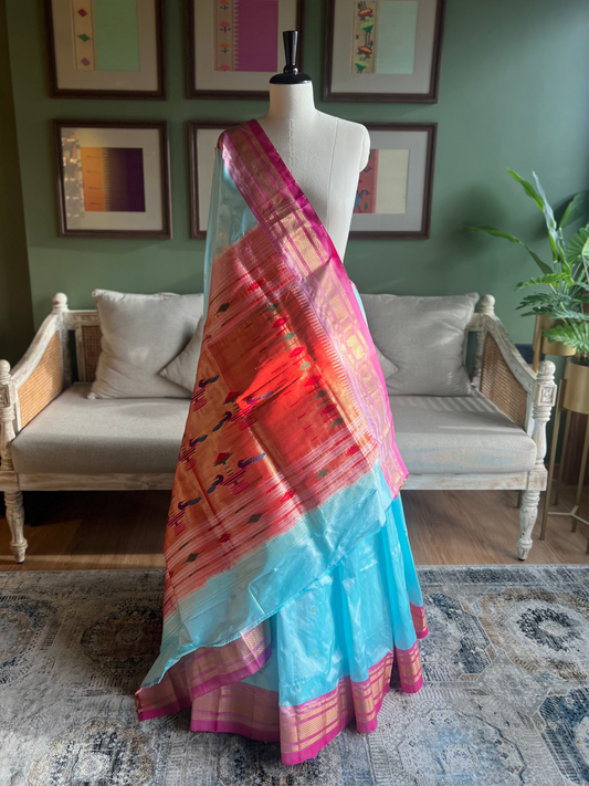 Light Blue Paithani with Pink Border and Classic Pallu