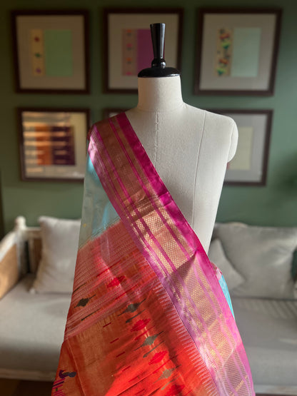 Light Blue Paithani with Pink Border and Classic Pallu