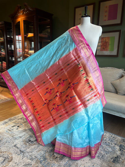 Light Blue Paithani with Pink Border and Classic Pallu