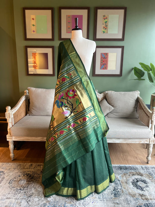 Dark Green Cotton Paithani with Peacock/Swan Pallu