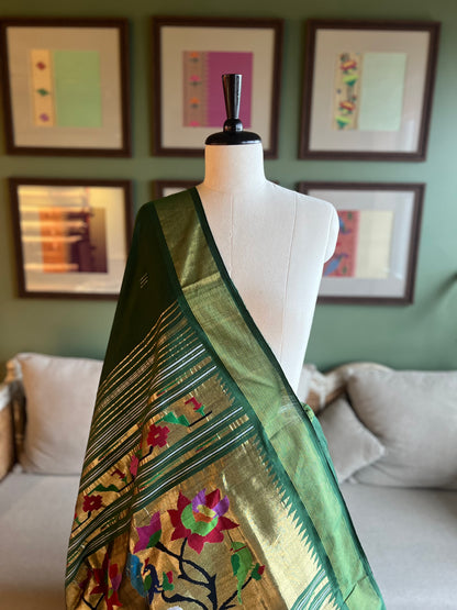 Dark Green Cotton Paithani with Peacock/Swan Pallu