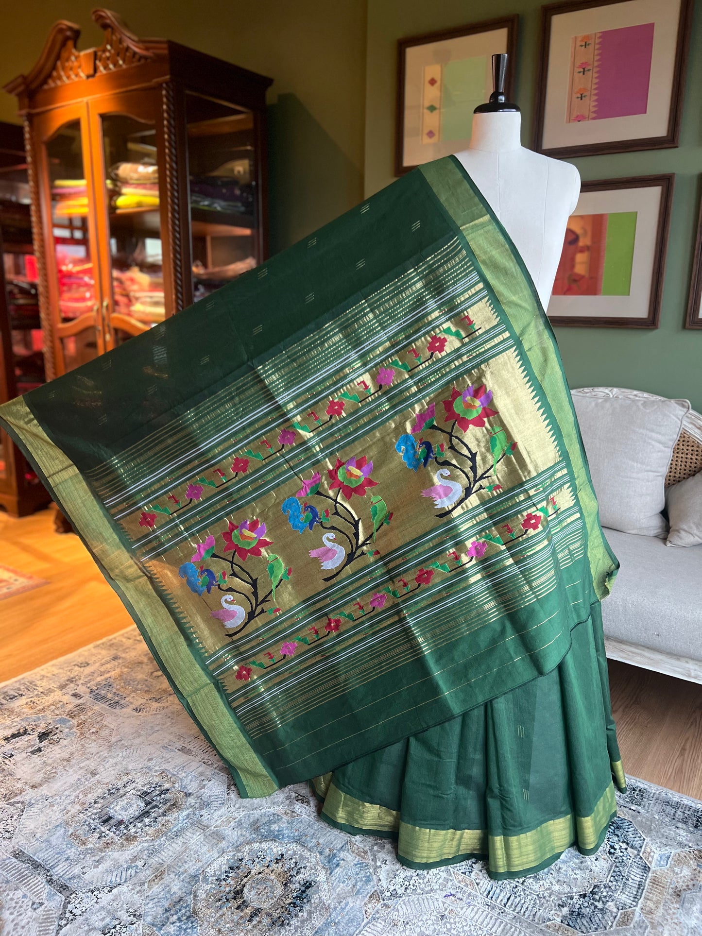 Dark Green Cotton Paithani with Peacock/Swan Pallu