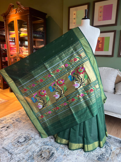 Dark Green Cotton Paithani with Peacock/Swan Pallu