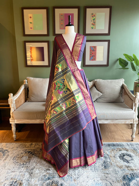 Purple Cotton Paithani with Contrast Border and Lotus Pallu