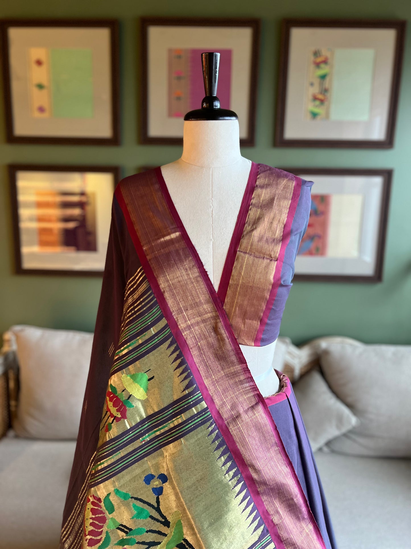 Purple Cotton Paithani with Contrast Border and Lotus Pallu
