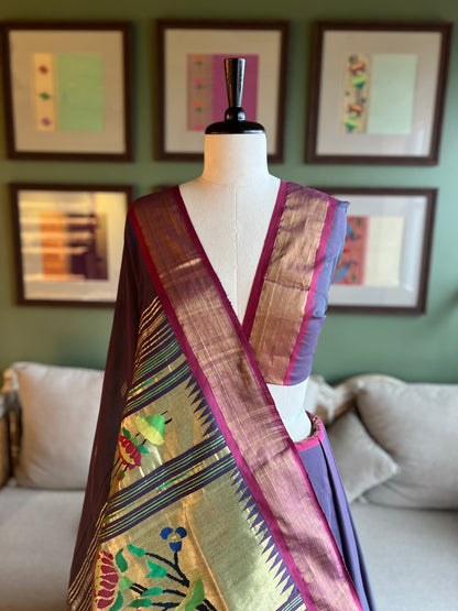 Purple Cotton Paithani with Contrast Border and Lotus Pallu