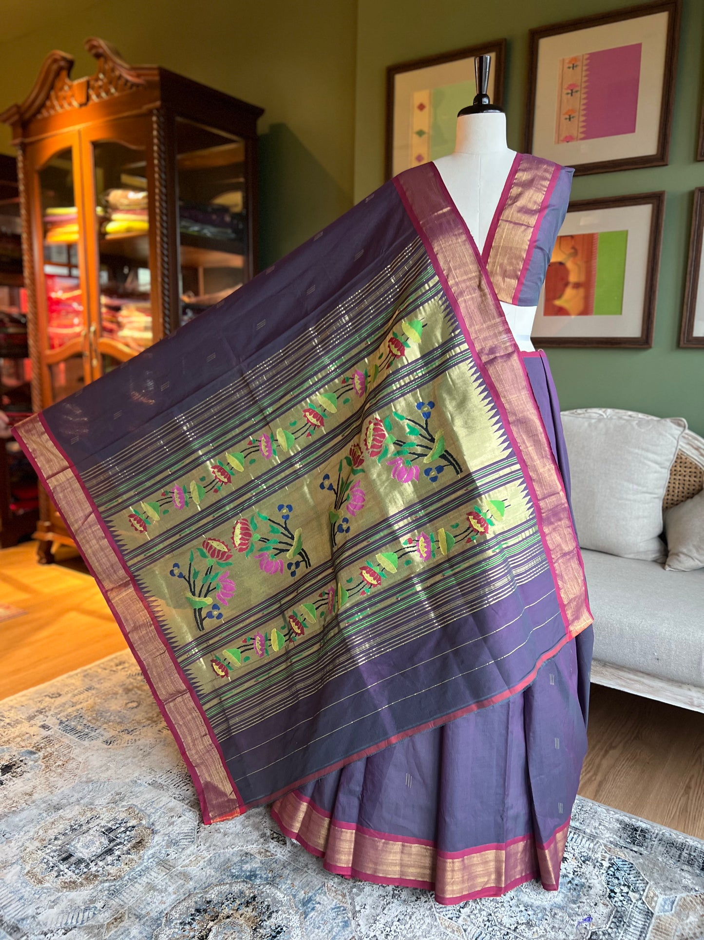 Purple Cotton Paithani with Contrast Border and Lotus Pallu