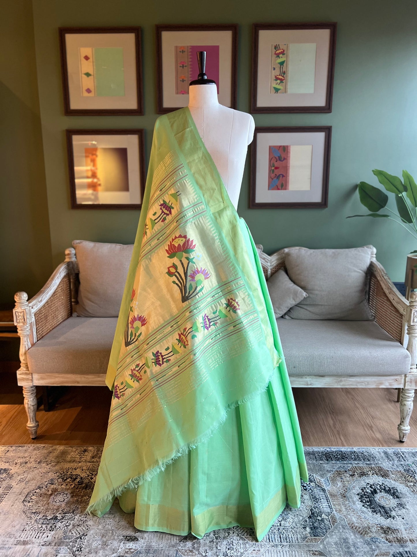 Mint Green Cotton Paithani with Lotus Pallu