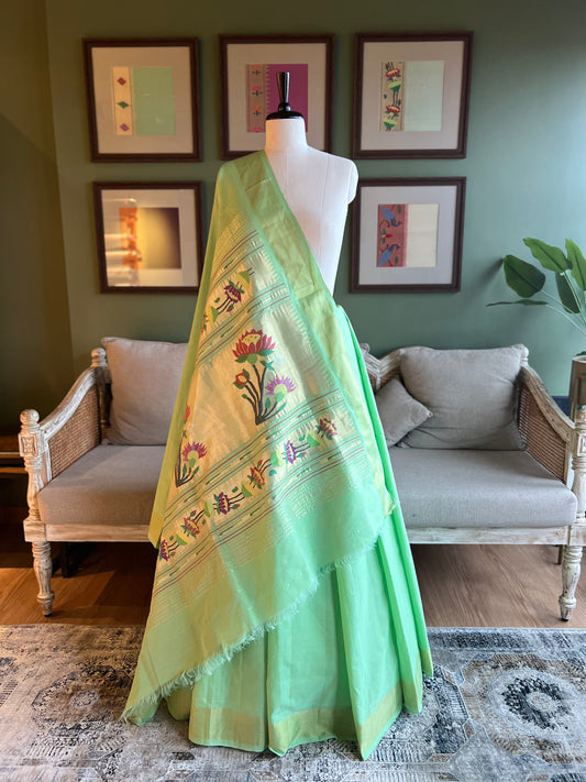 Mint Green Cotton Paithani with Lotus Pallu
