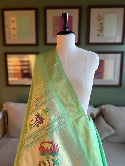 Mint Green Cotton Paithani with Lotus Pallu