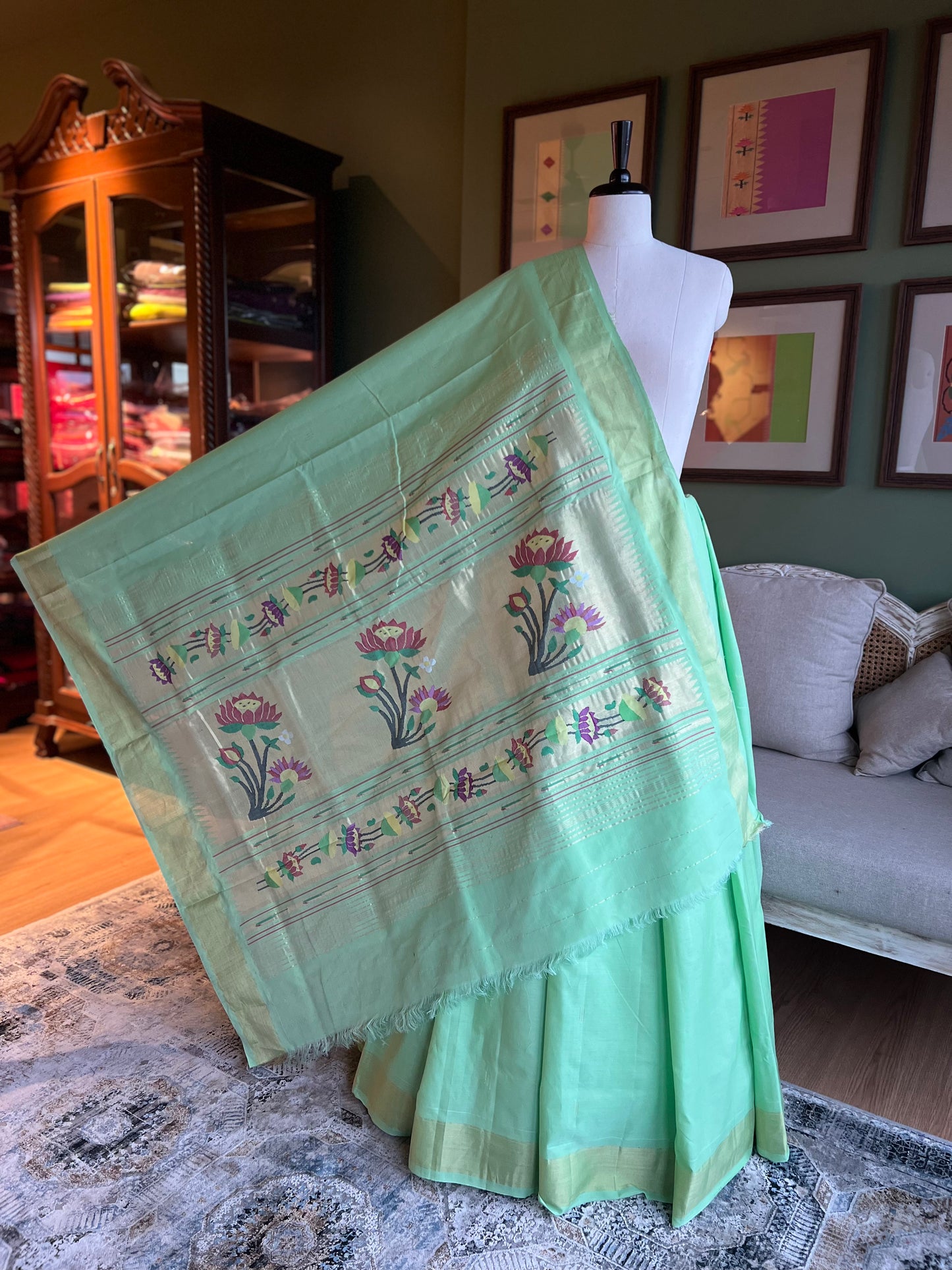 Mint Green Cotton Paithani with Lotus Pallu
