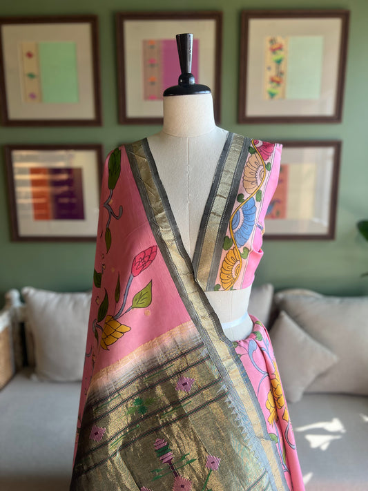 Pink Kalamkari x Paithani with Asavali Pallu