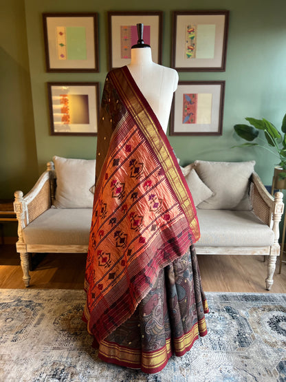 Grey/Maroon Kalamkari x Paithani with Asavali Pallu