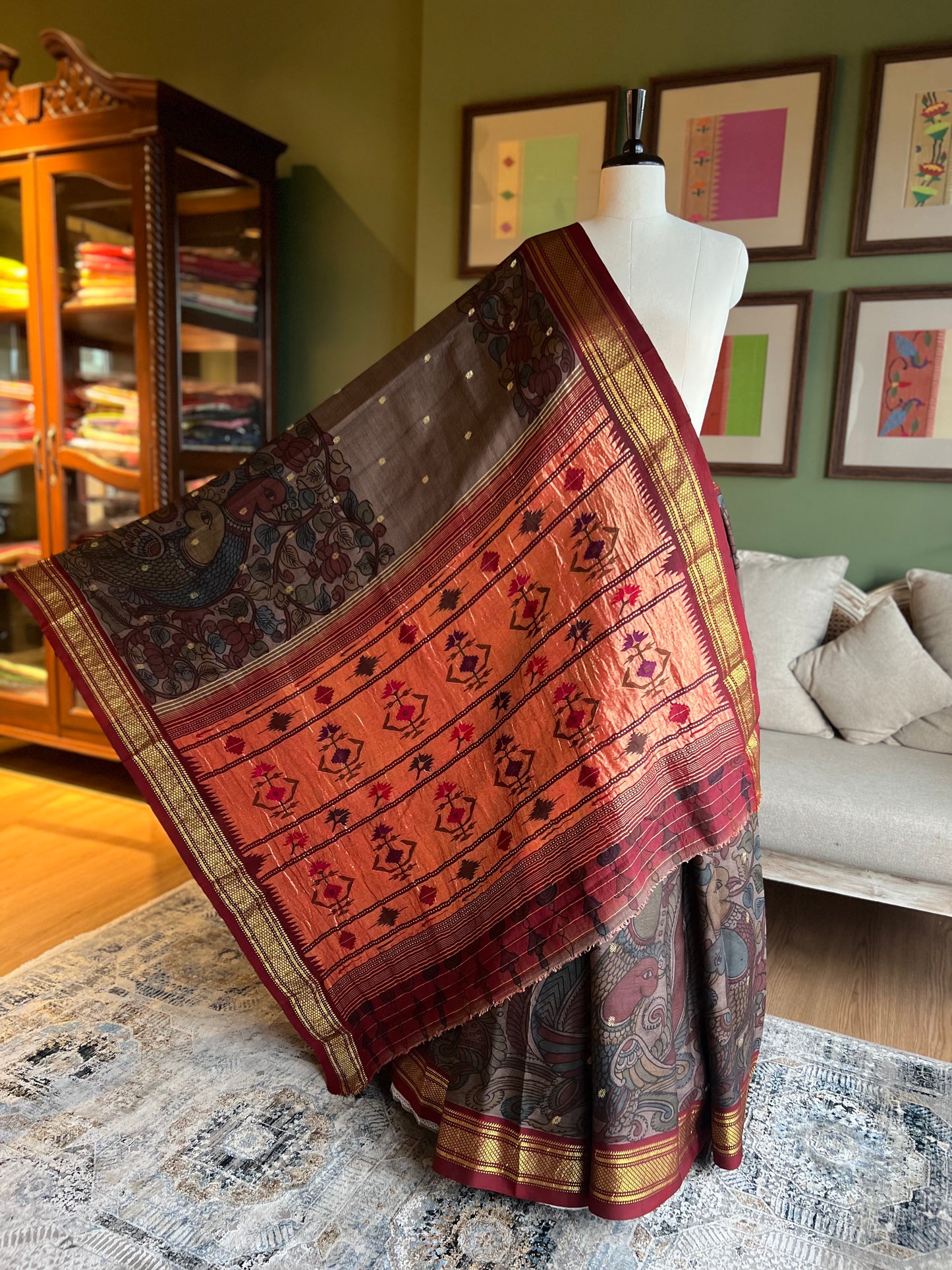 Grey/Maroon Kalamkari x Paithani with Asavali Pallu
