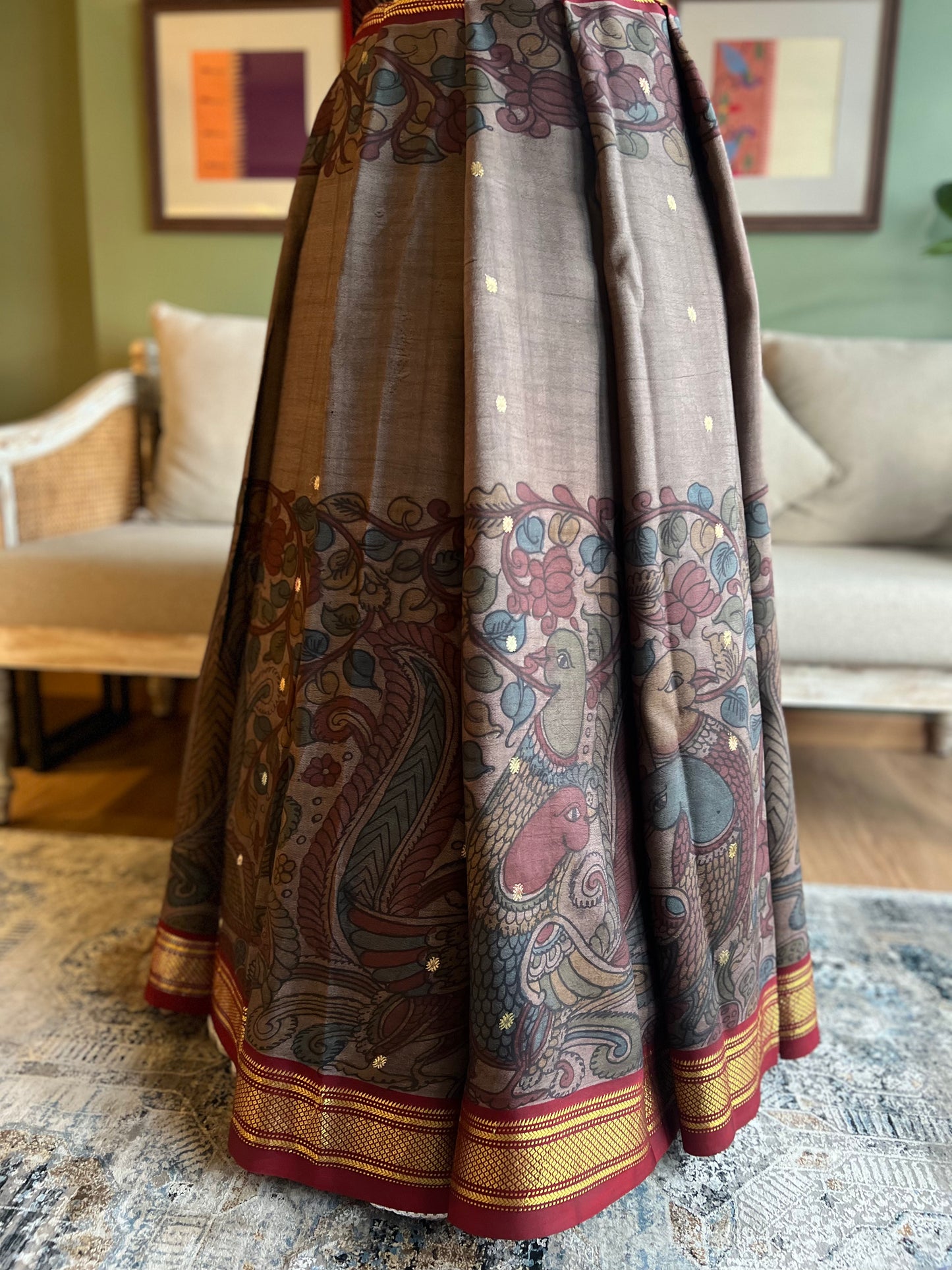 Grey/Maroon Kalamkari x Paithani with Asavali Pallu