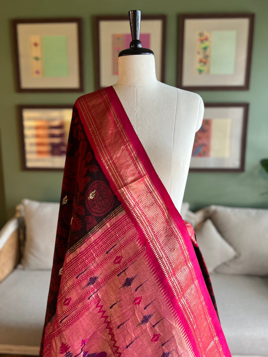 Red/Black Kalamkari x Paithani with Peacock Pallu