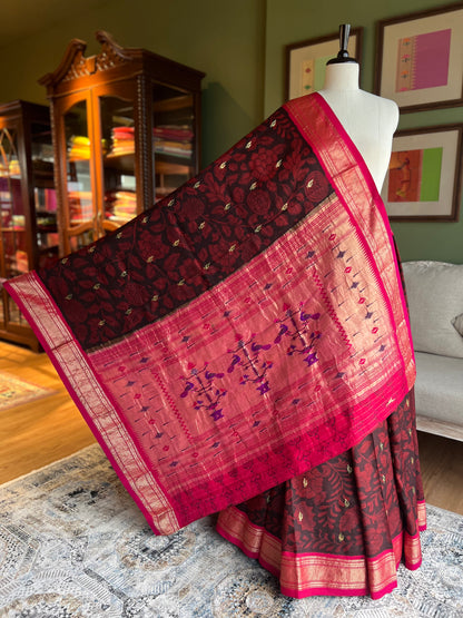 Red/Black Kalamkari x Paithani with Peacock Pallu