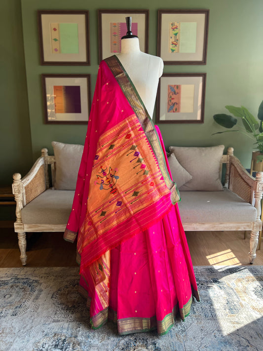 Rani Pink Paithani with Contrast Border and Delicate Peacock Pallu