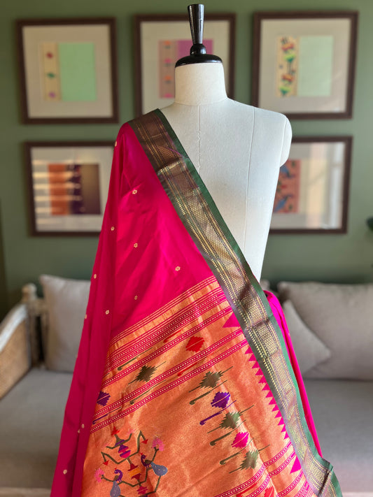 Rani Pink Paithani with Contrast Border and Delicate Peacock Pallu