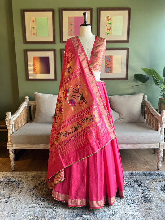 Watermelon Red Cotton Paithani with Muniya Border and Lotus Pallu