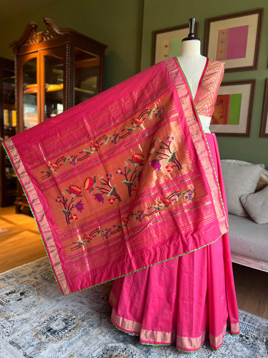 Watermelon Red Cotton Paithani with Muniya Border and Lotus Pallu