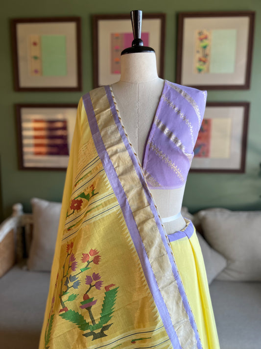 Lemon Yellow Cotton Paithani with Lilac Border and Asavali Pallu