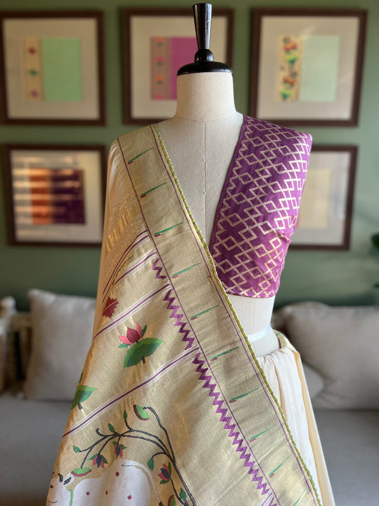 Ivory Cotton Paithani with Muniya Border and Pichwai Pallu