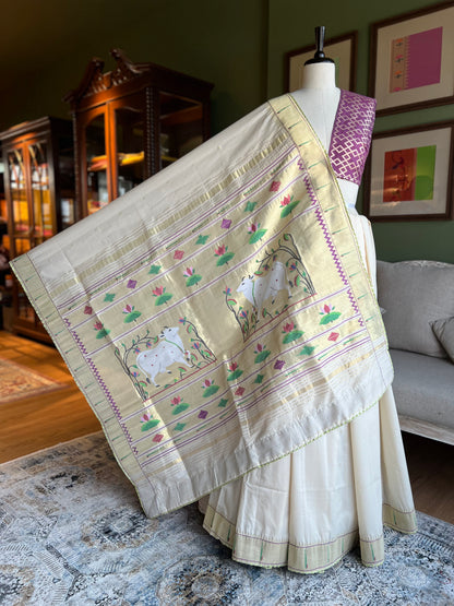 Ivory Cotton Paithani with Muniya Border and Pichwai Pallu