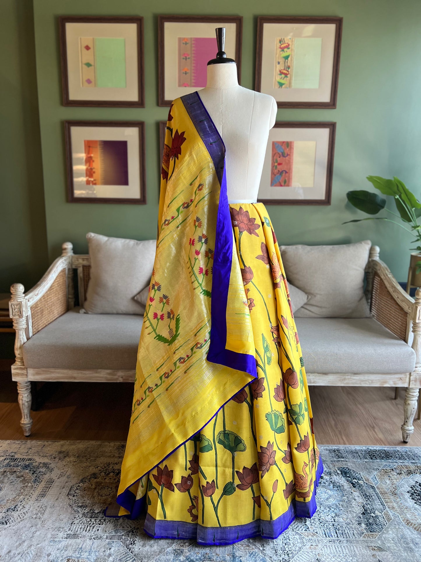 Yellow Kalamkari x Paithani with Purple Muniya Border and Asavali Pallu