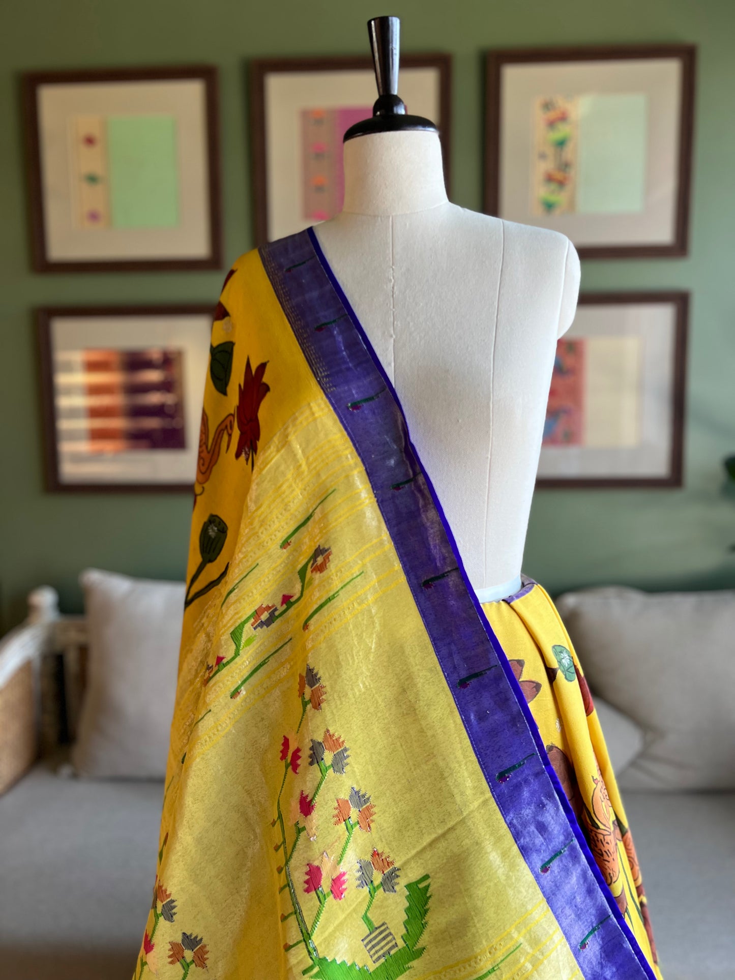 Yellow Kalamkari x Paithani with Purple Muniya Border and Asavali Pallu