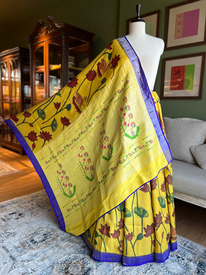 Yellow Kalamkari x Paithani with Purple Muniya Border and Asavali Pallu