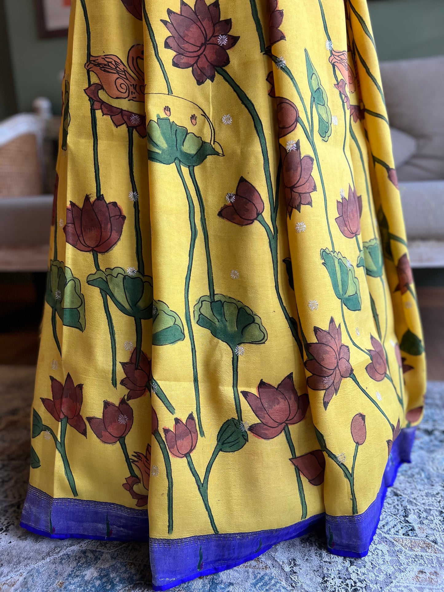 Yellow Kalamkari x Paithani with Purple Muniya Border and Asavali Pallu