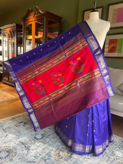 Indigo Paithani with Chandrakor Butti and Red Asavali Pallu