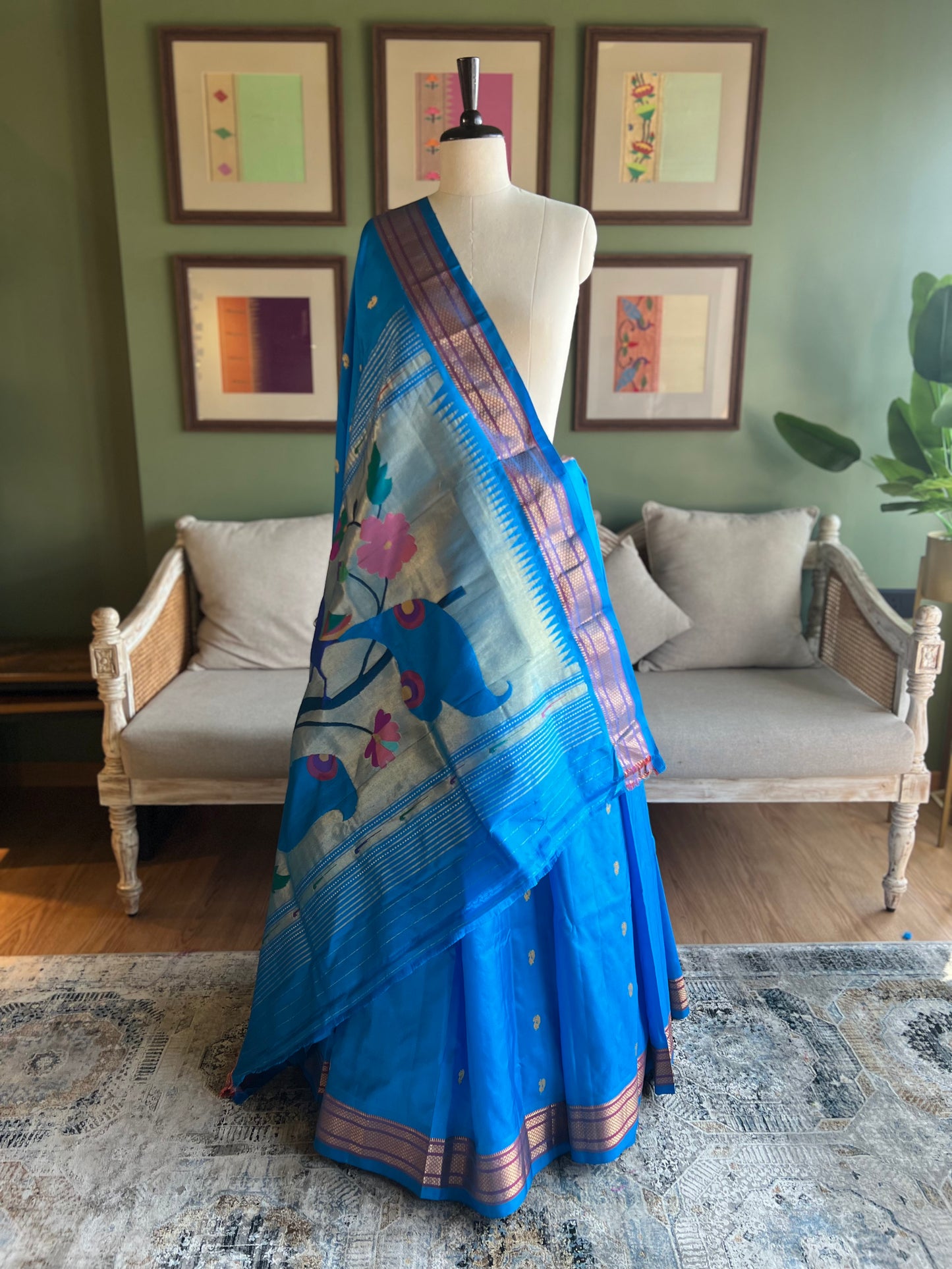 Blue Paithani with Contrast Border and Large Peacock Pallu