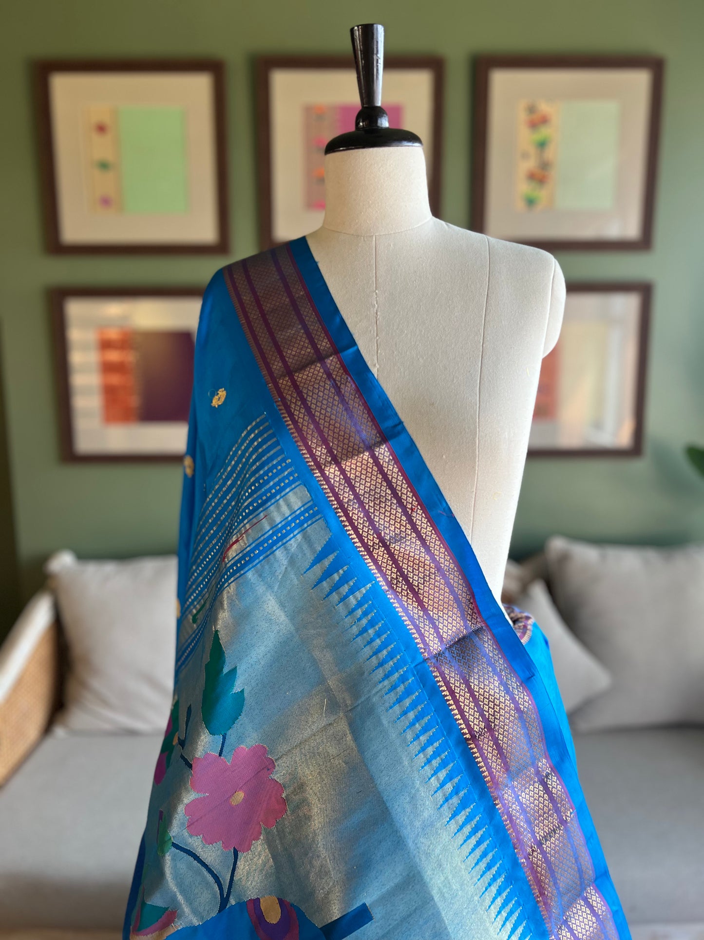 Blue Paithani with Contrast Border and Large Peacock Pallu